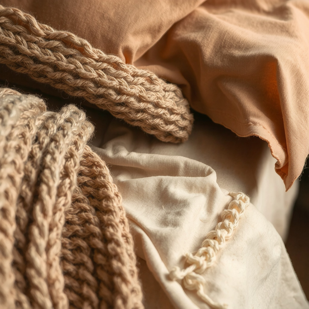 Close up of textured linen bedding and a chunky wool rug