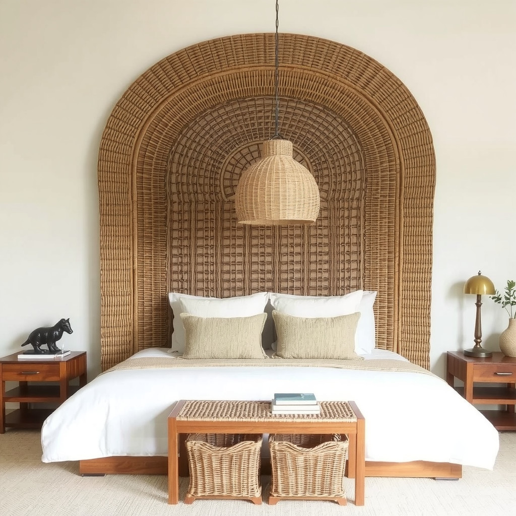 A bedroom featuring a large woven rattan headboard