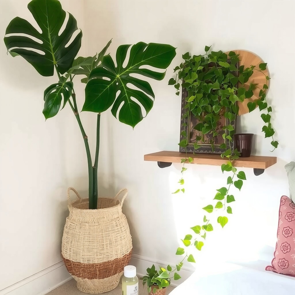 A corner of the bedroom filled with lush potted plants