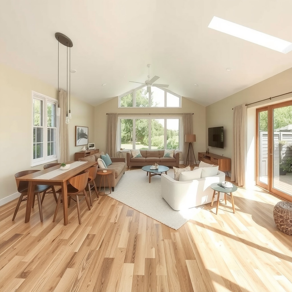 An open-concept living and dining space with honey-toned oak flooring and curved furniture arrangements.