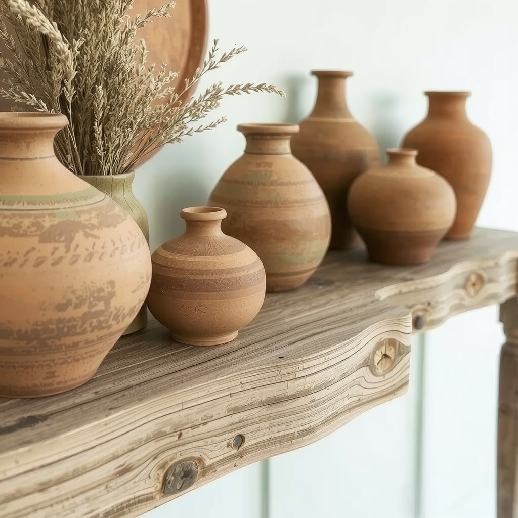 A close-up vignette showcasing a collection of hand-thrown terracotta vases on a weathered reclaimed wood console table.