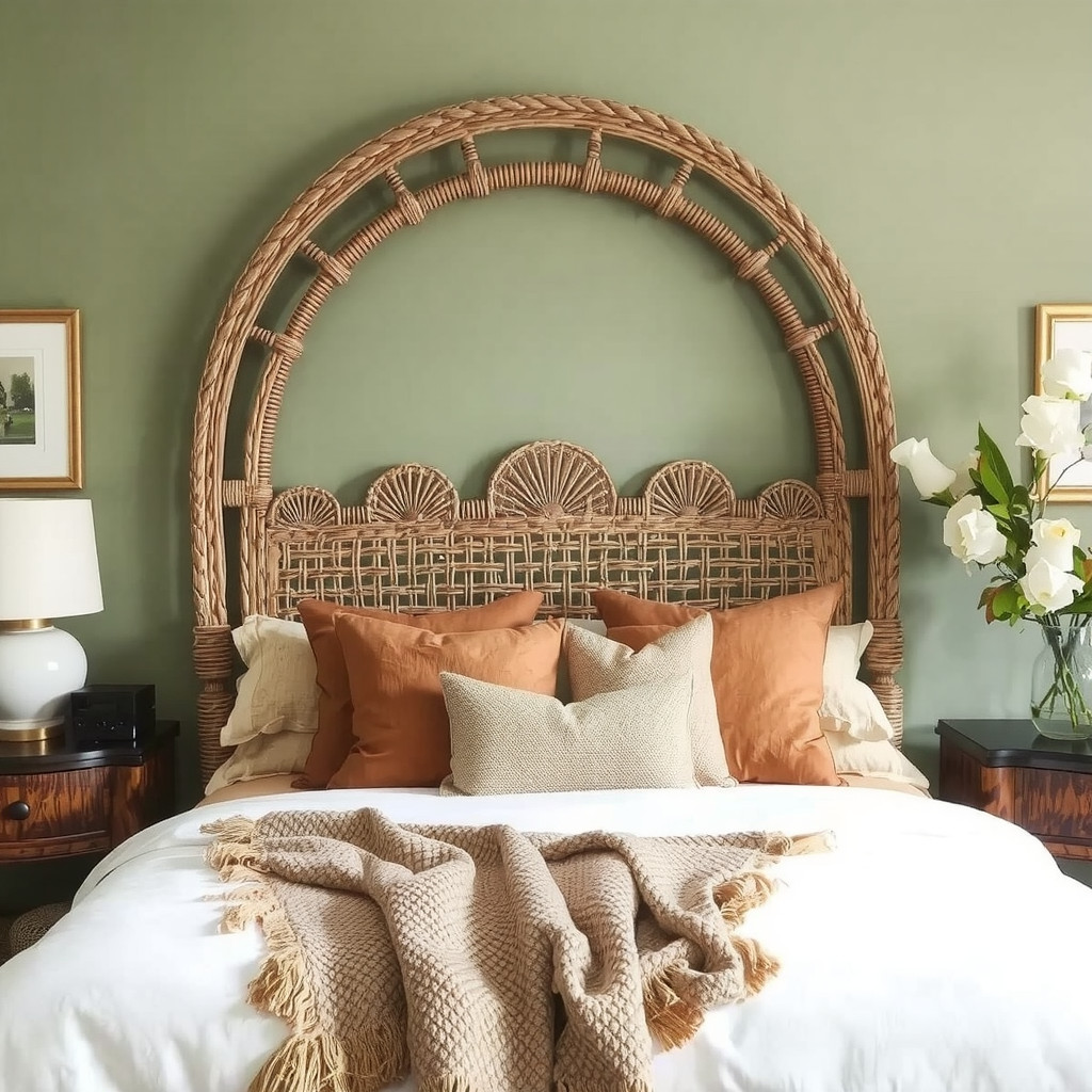 A bedroom focal point featuring a grand woven rattan headboard against a sage green feature wall.