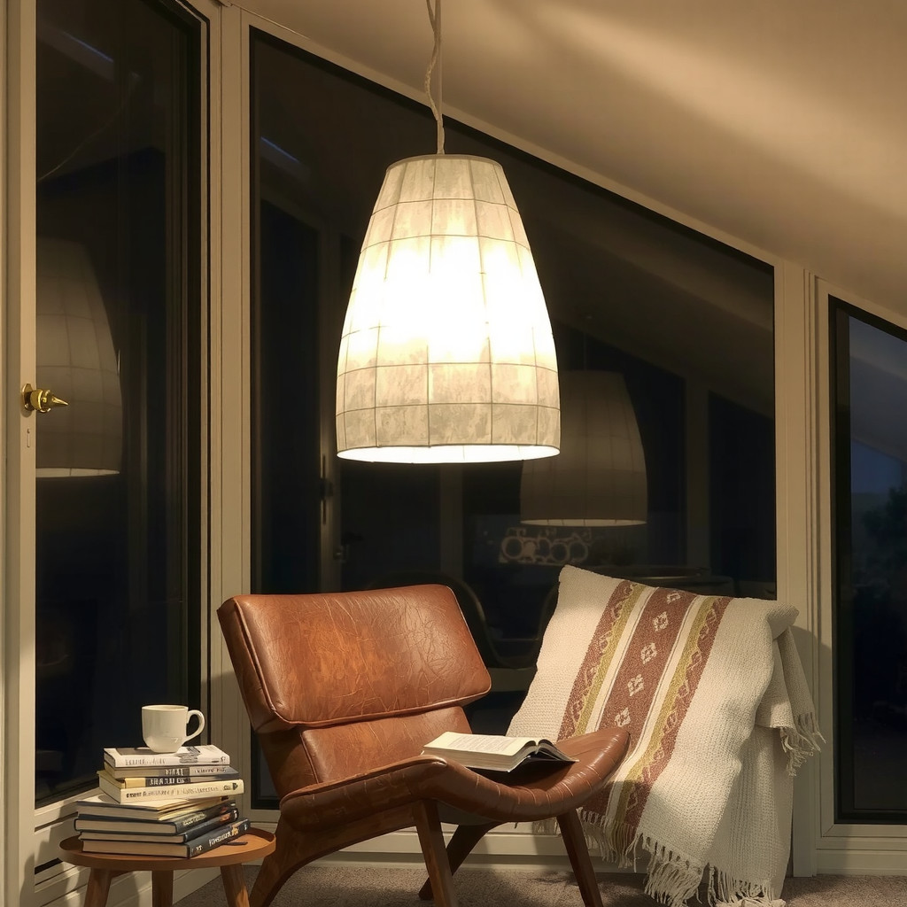 A cozy reading nook illuminated by a large oversized rice paper pendant light casting a warm and diffused glow.
