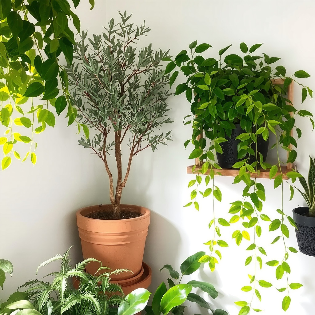 A vibrant indoor corner filled with lush greenery, featuring a tall potted olive tree in a clay planter.