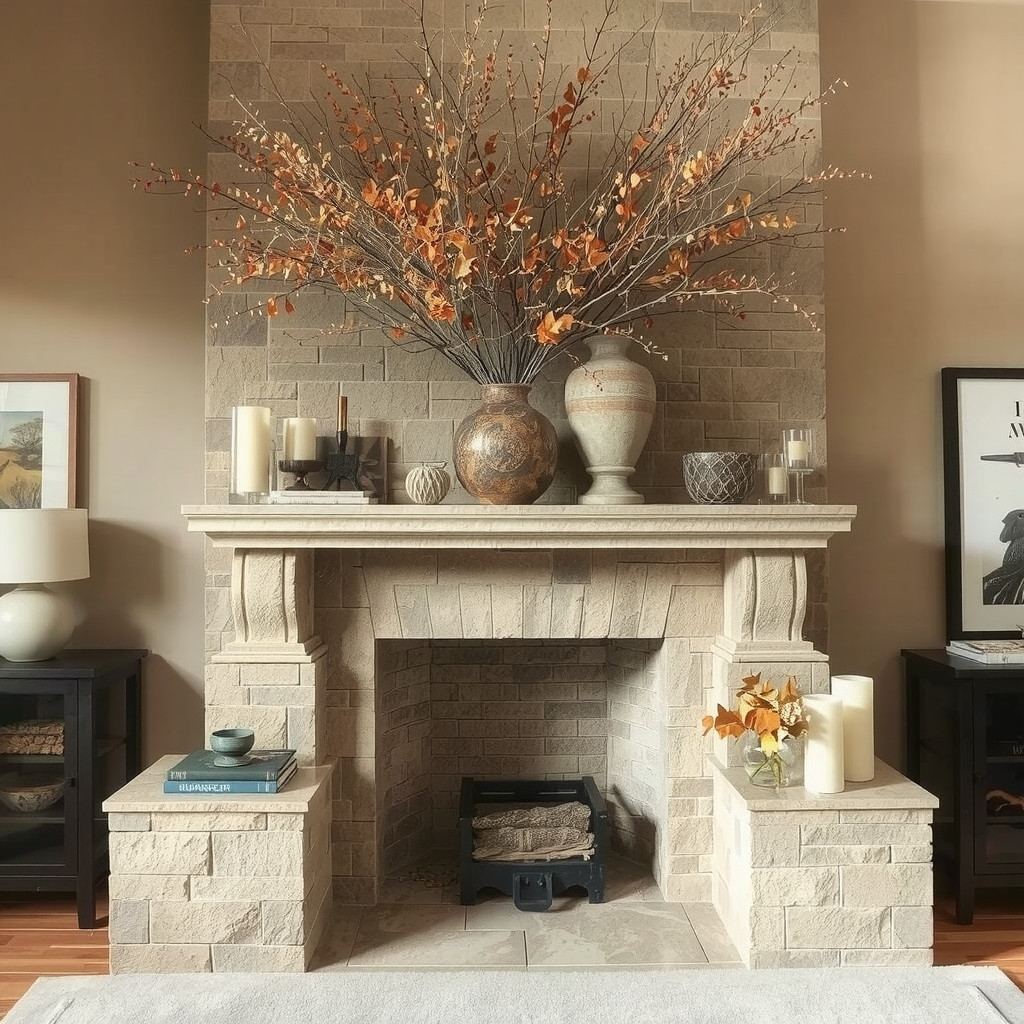 Stone fireplace with dried botanical arrangement