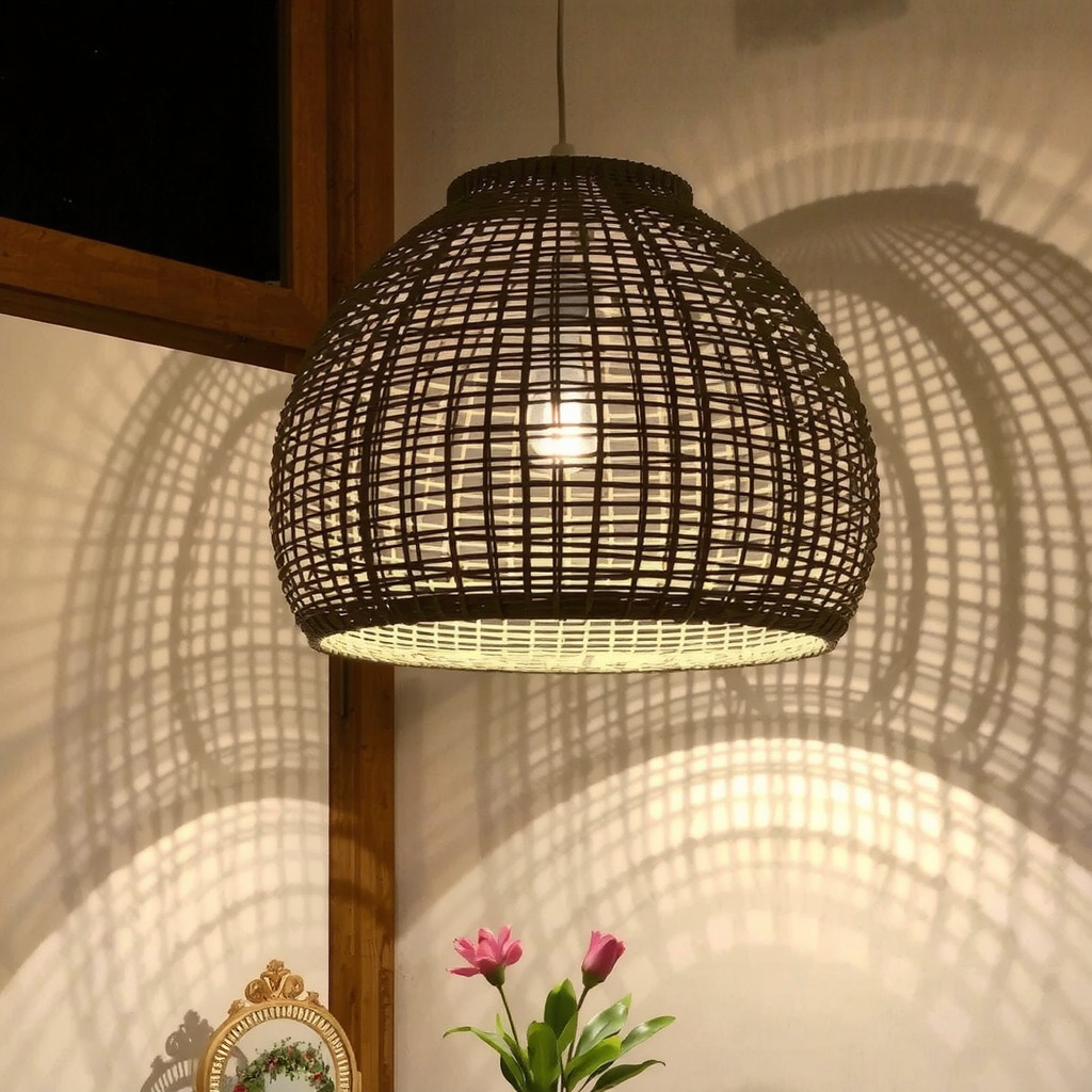 Woven rattan pendant light casting warm shadows