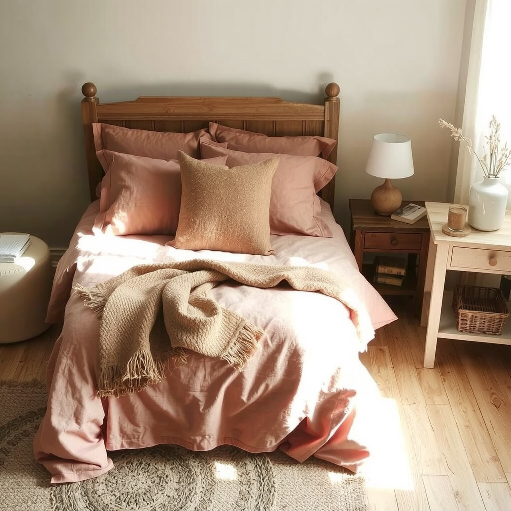 A bedroom with terracotta linen bedding and wood accents