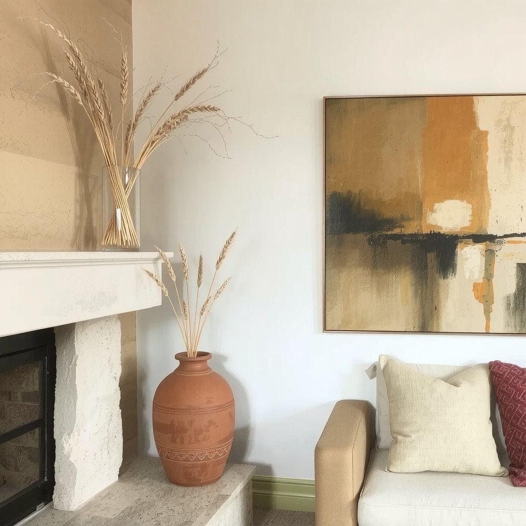 A living room corner with a textured lime wash wall