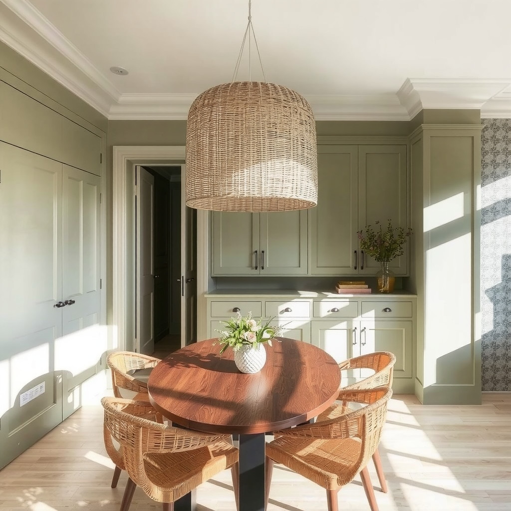 Dining area with a large woven rattan pendant light
