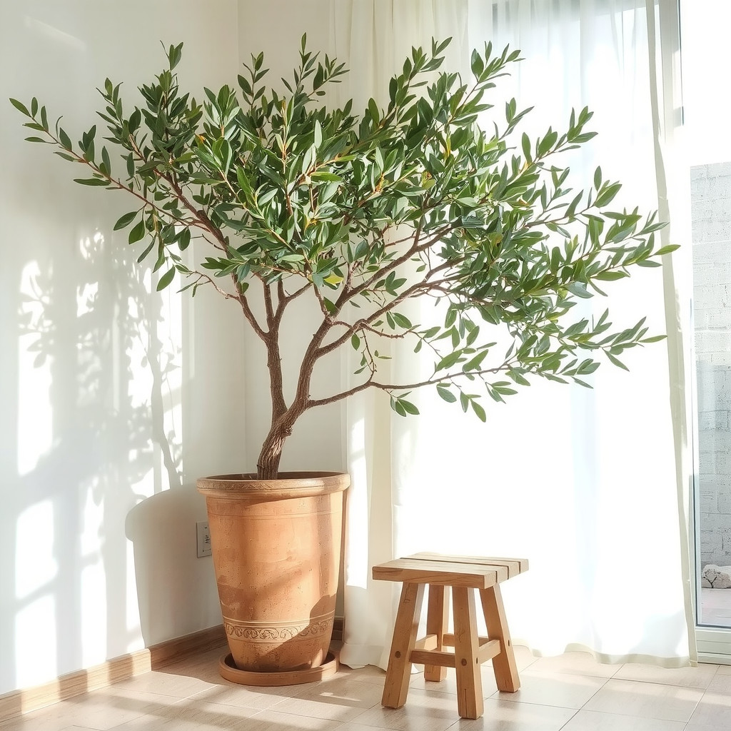 A large olive tree in a terracotta pot in a sunlit corner