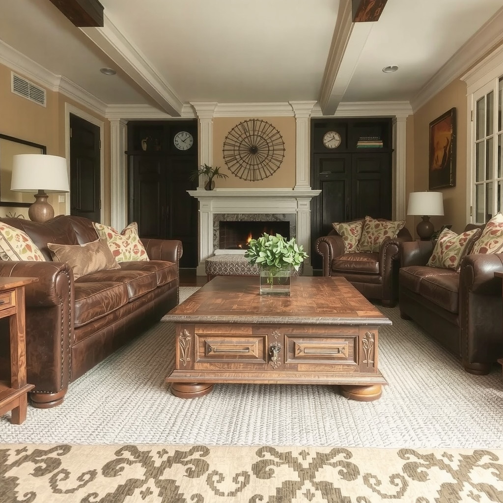 A cozy seating arrangement with distressed leather sofas and a heavy wooden coffee table