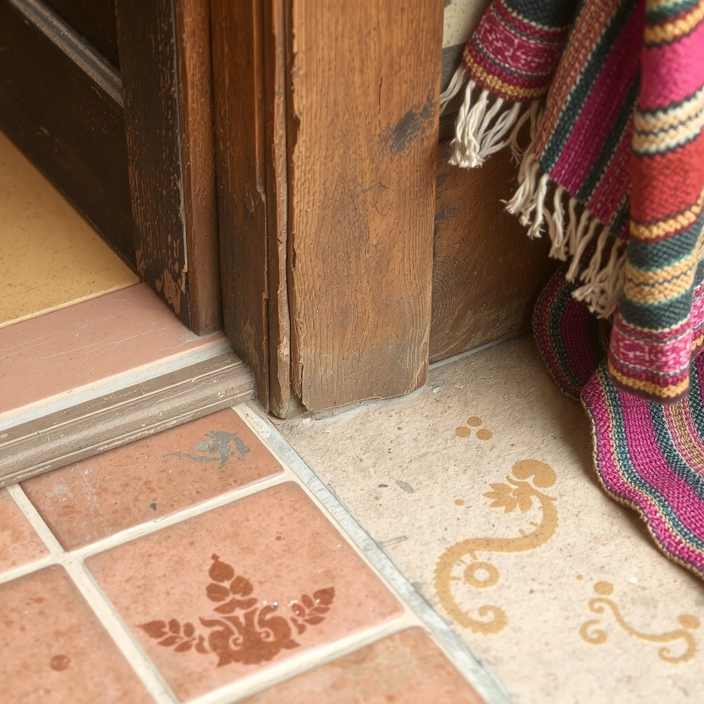 Close up of Saltillo tile flooring and a colorful woven serape textile
