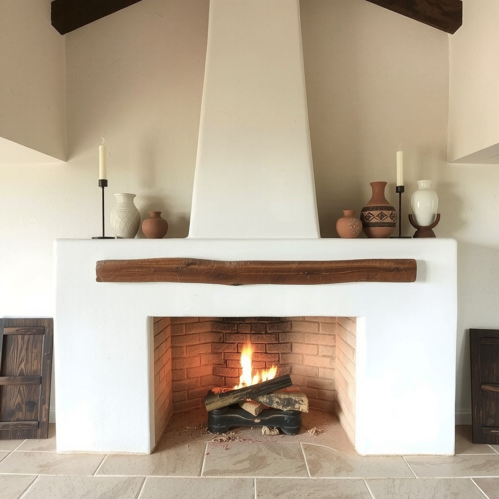 A grand white adobe fireplace with ceramic decor on the mantel