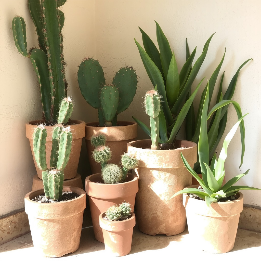 Terracotta pots with prickly pear cactus and aloe vera against a textured wall