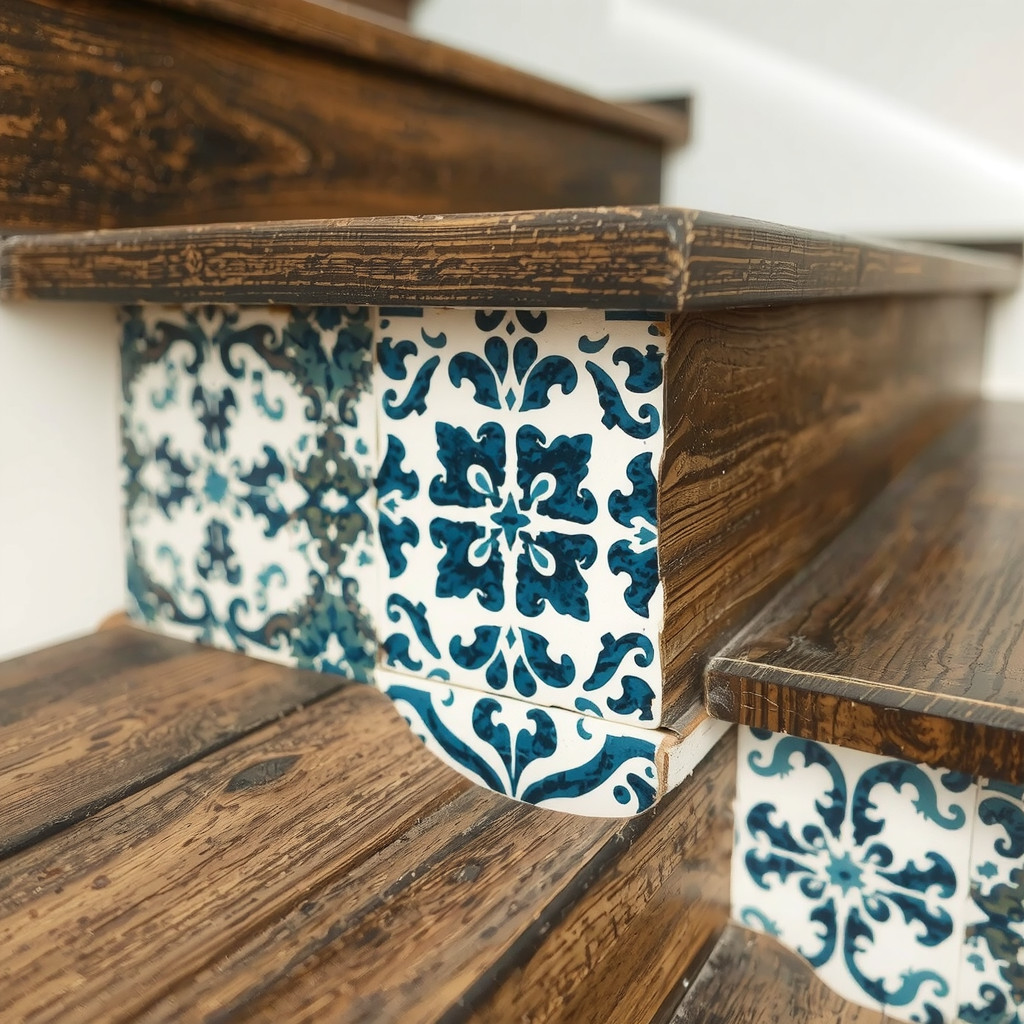Close up of vibrant Talavera tiles against dark rustic wood