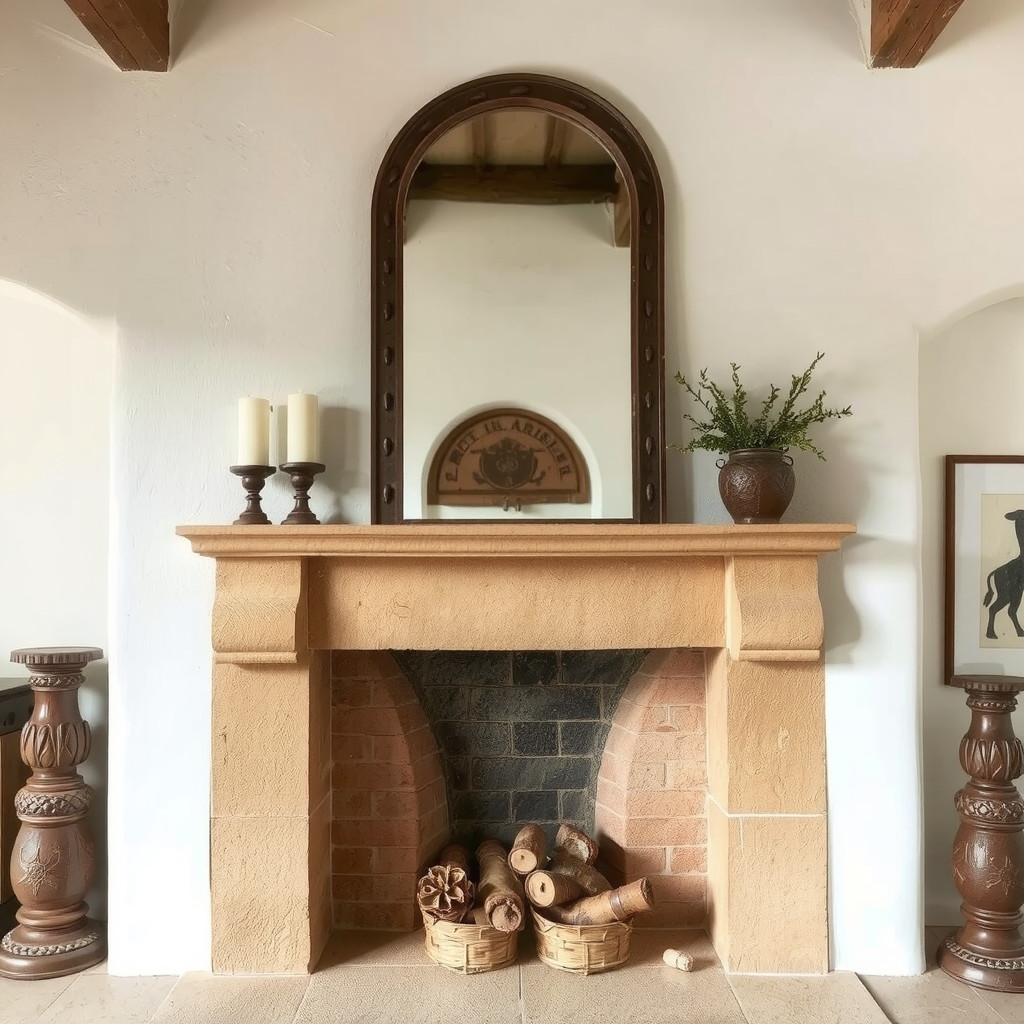 Rustic adobe fireplace with candles and folk art decor