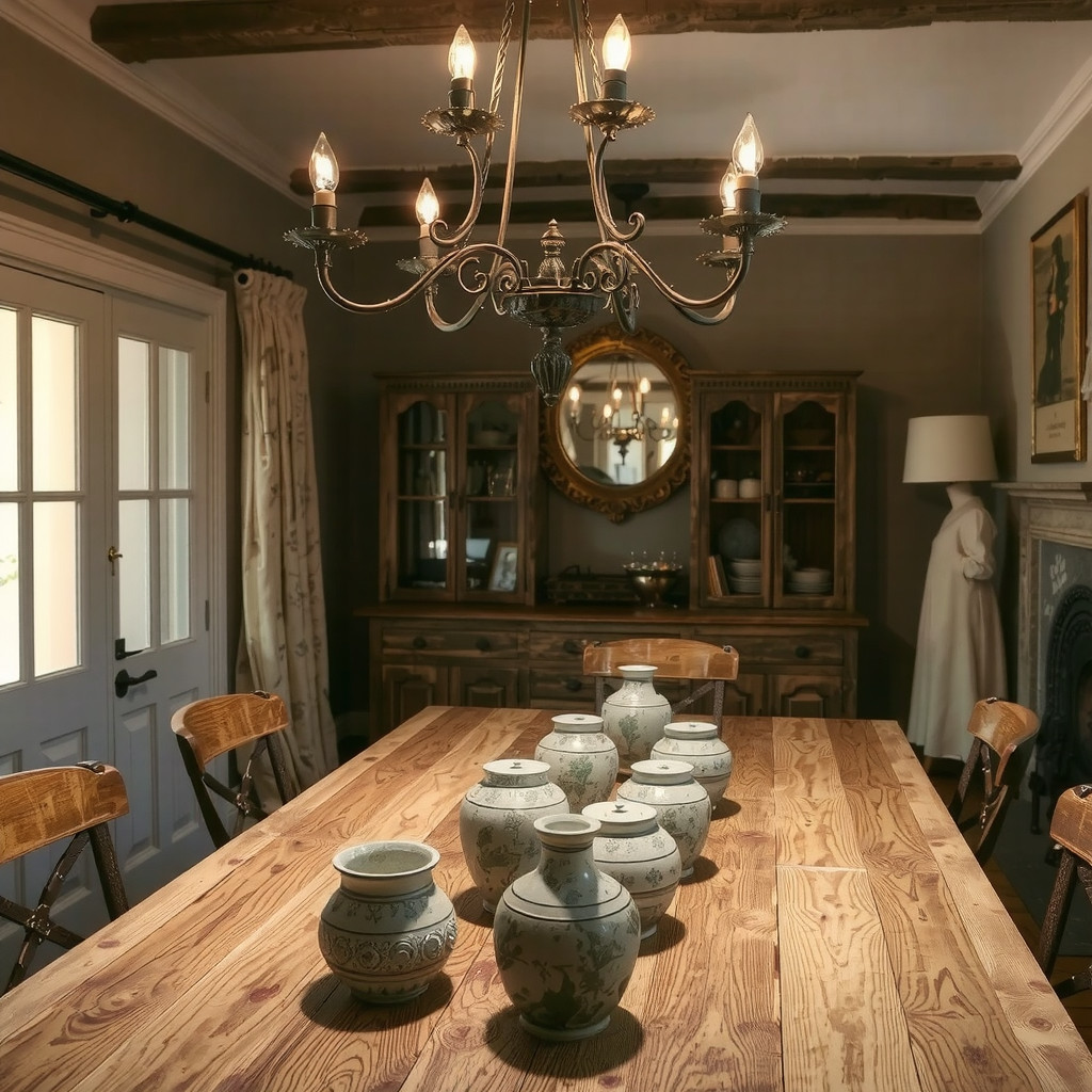 Wrought iron chandelier hanging over a wooden dining table