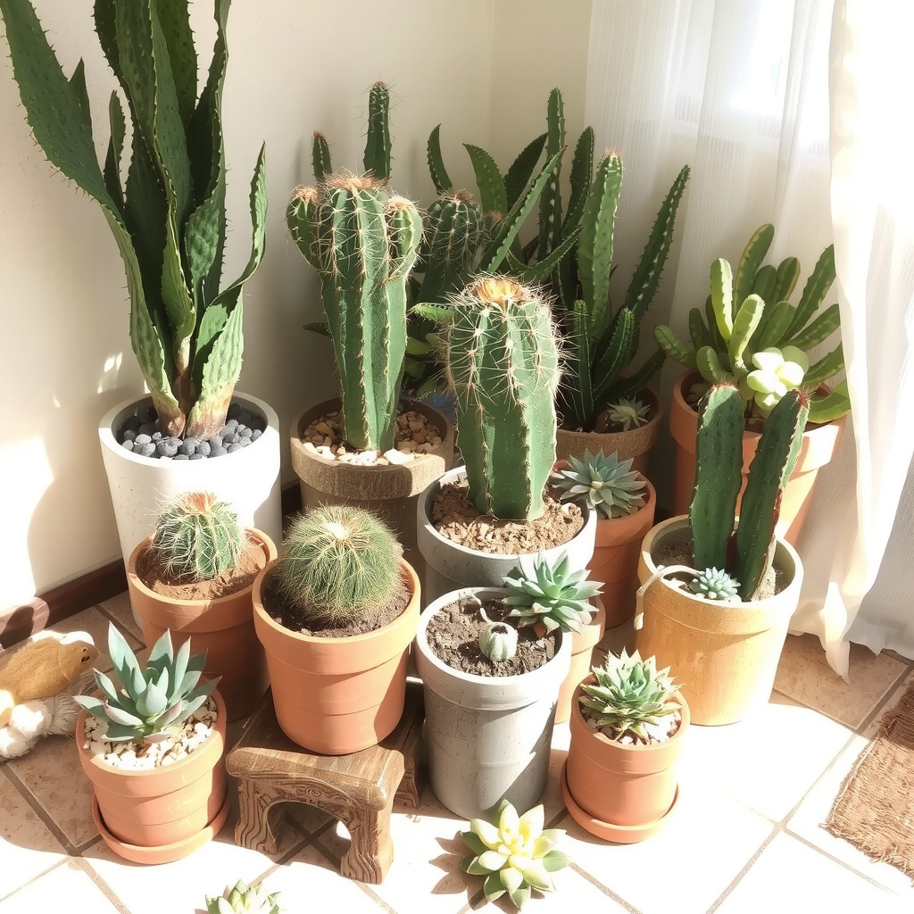 Collection of potted cacti and succulents in terracotta containers