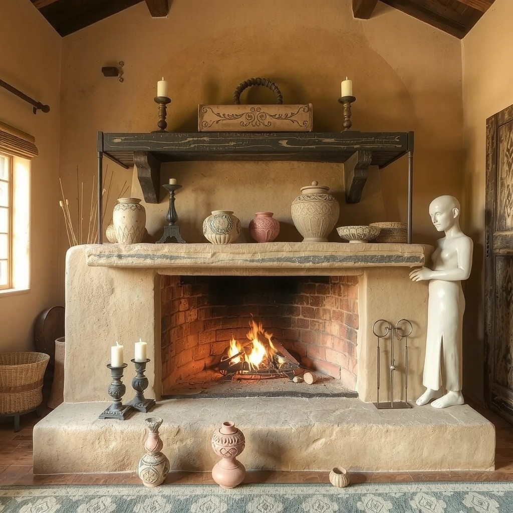 Adobe fireplace with pottery display