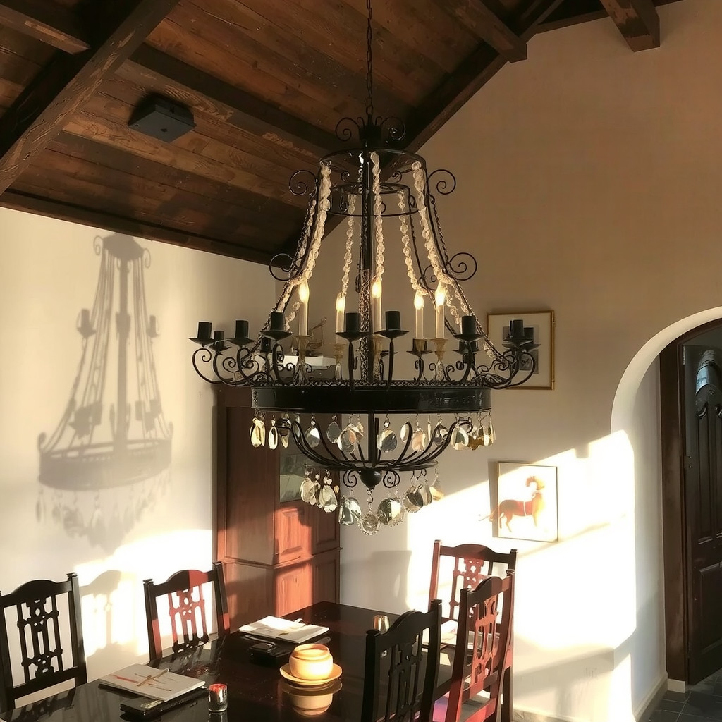 Wrought iron chandelier casting shadows