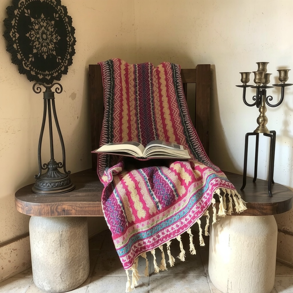 Woven Mexican serape blanket draped over a rustic wooden bench