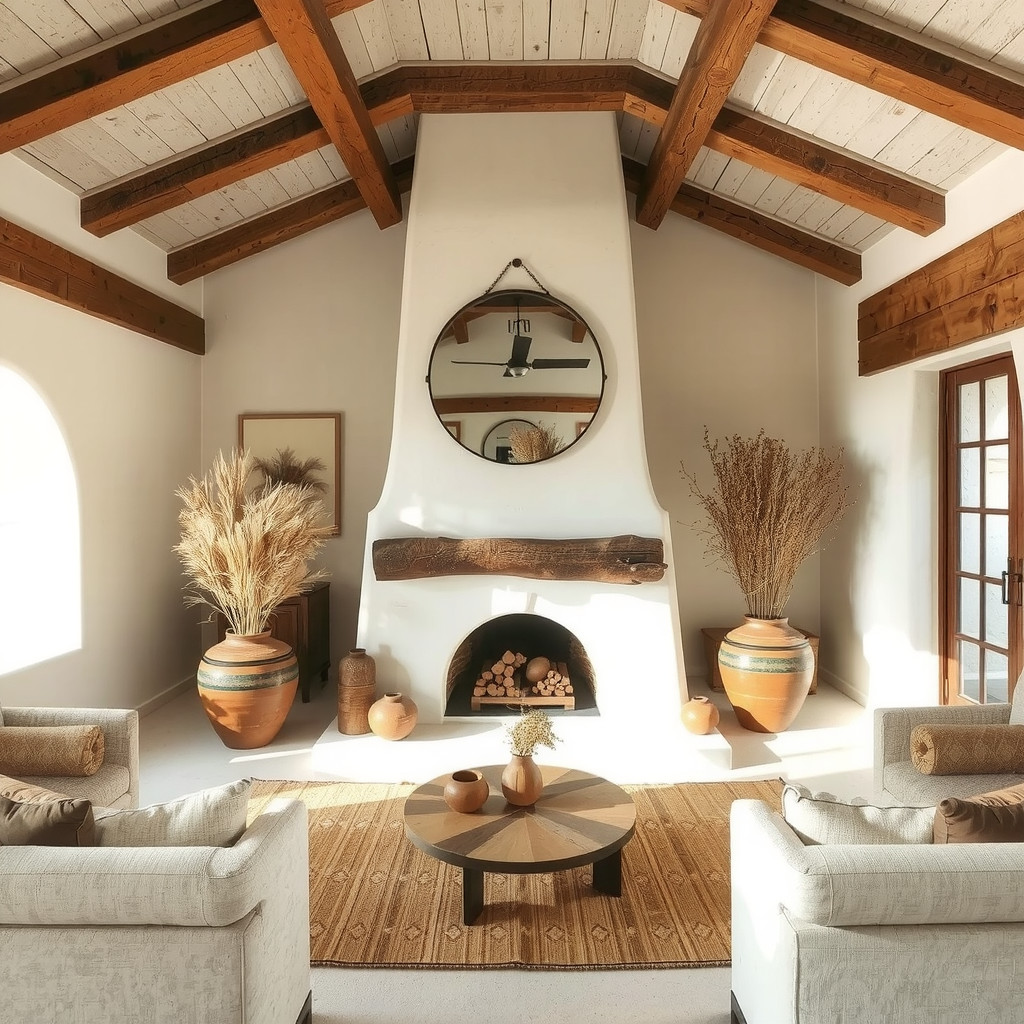 A traditional kiva fireplace in a cozy living room