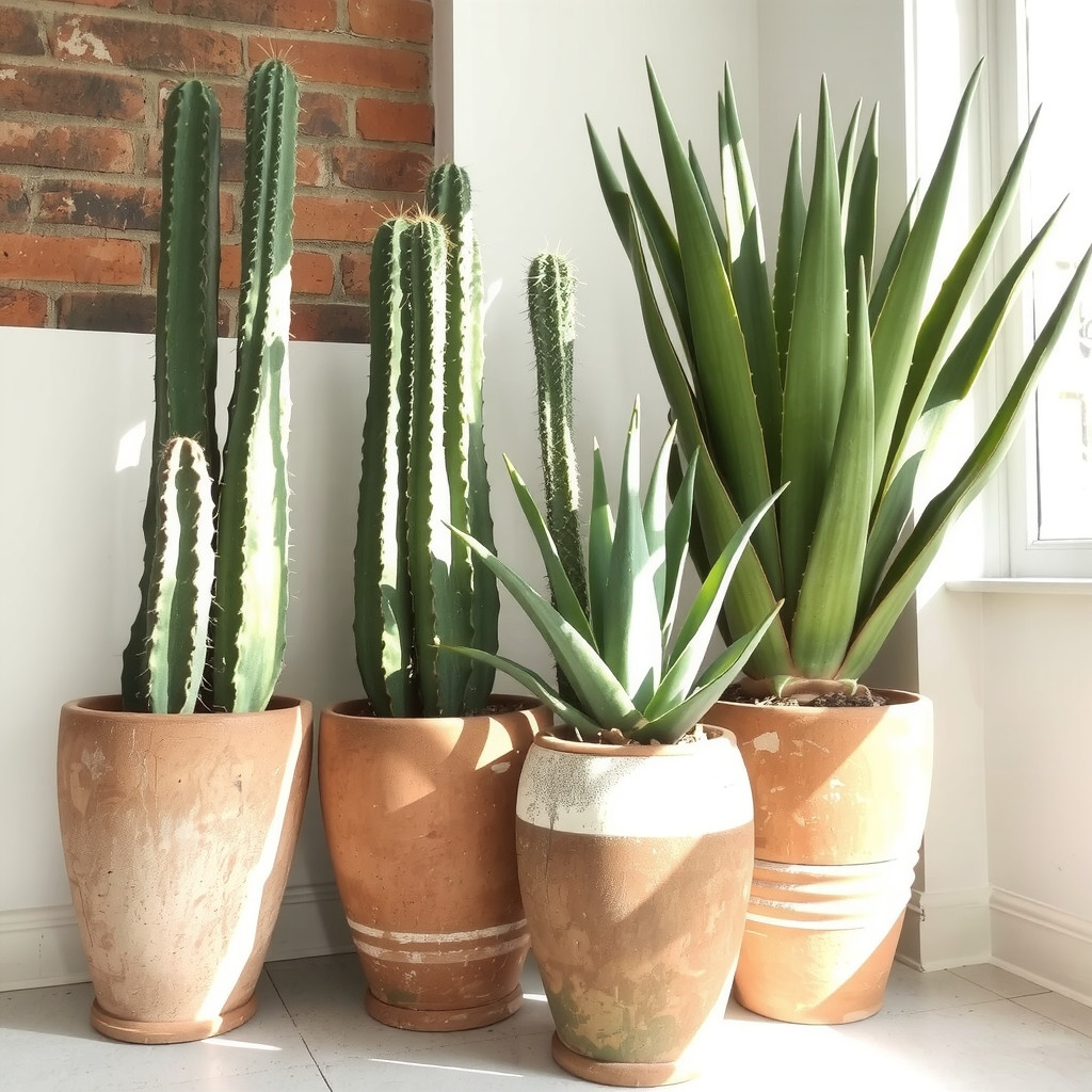 Large clay pots with cacti and succulents in a sunlit corner