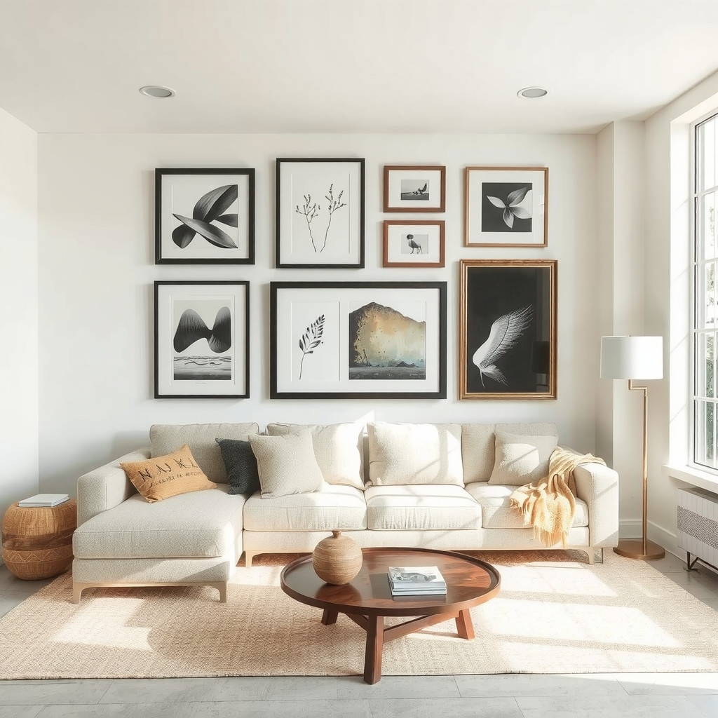 Balanced asymmetrical gallery wall above sofa