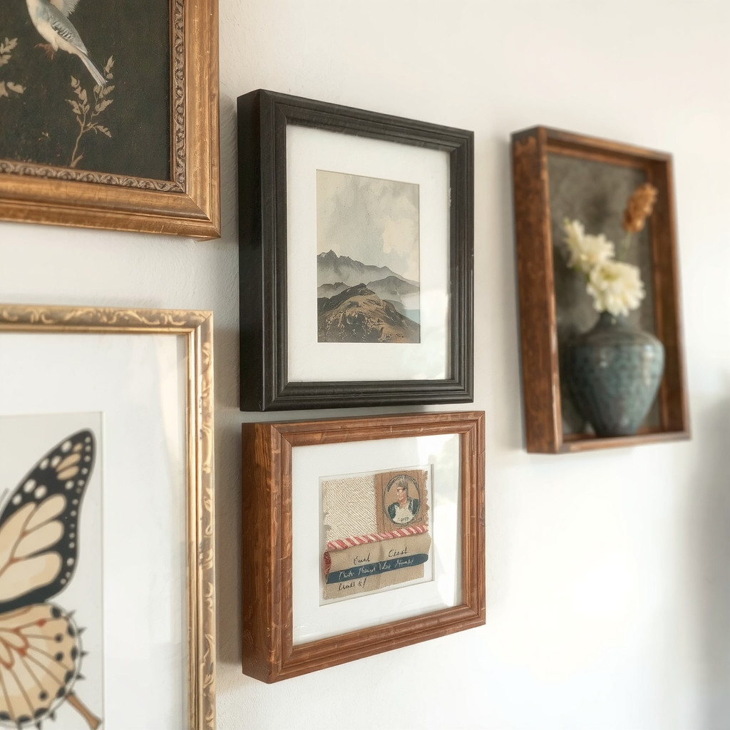 Detail of framed textiles and layered paper