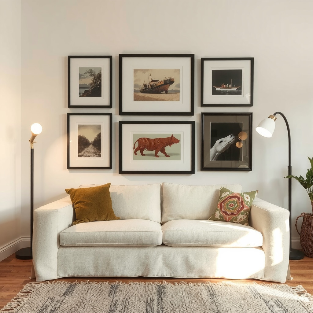 Softly lit gallery wall in evening light