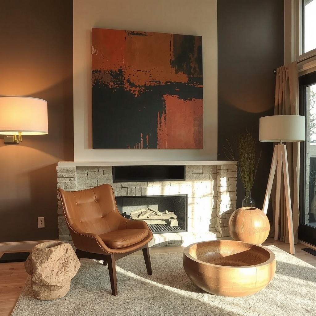 Earthy focal seating and art