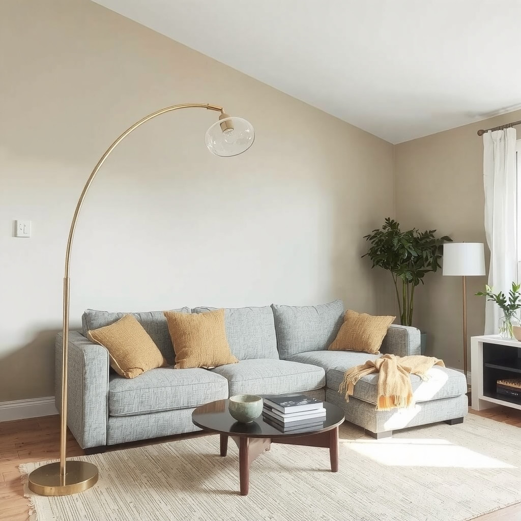 An arc floor lamp extending over a sofa