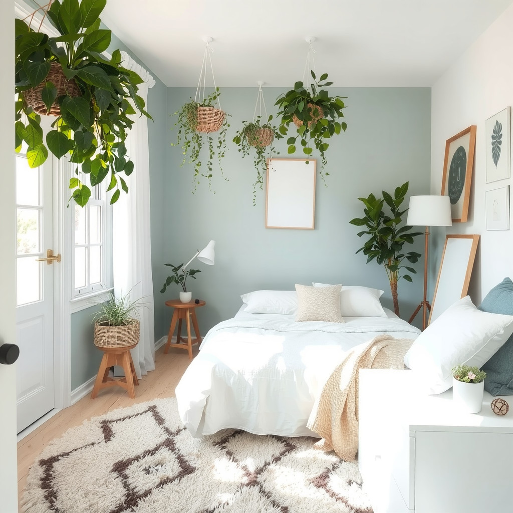 Hanging plants in a bedroom