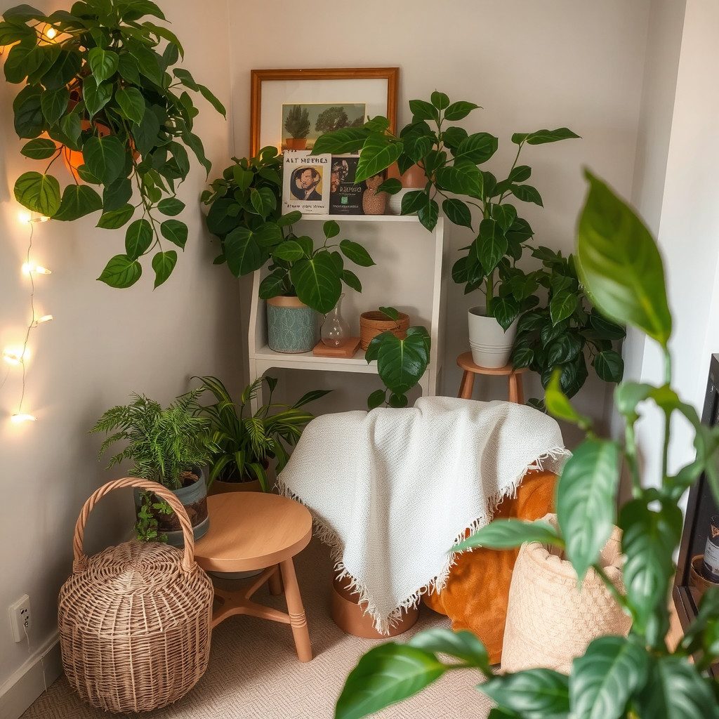 Plants under a string of fairy lights