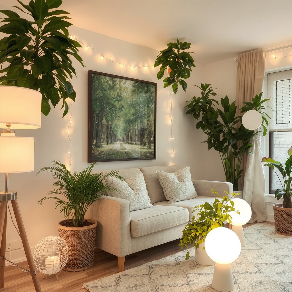 A beautifully lit living room with indoor plants