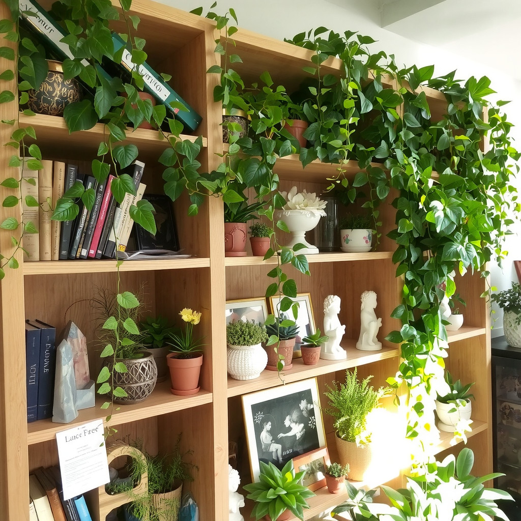 Cascading plants on a shelf