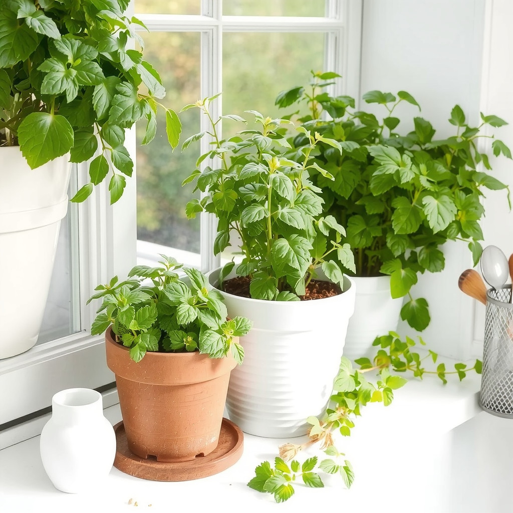 Potted herbs on a kitchen windowsill