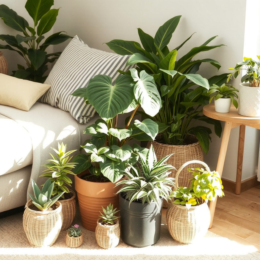 Corner plant cluster beside a sofa