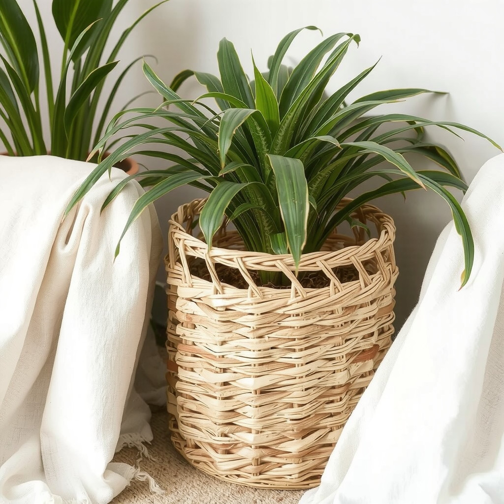 Close-up of woven basket planter and linen throw