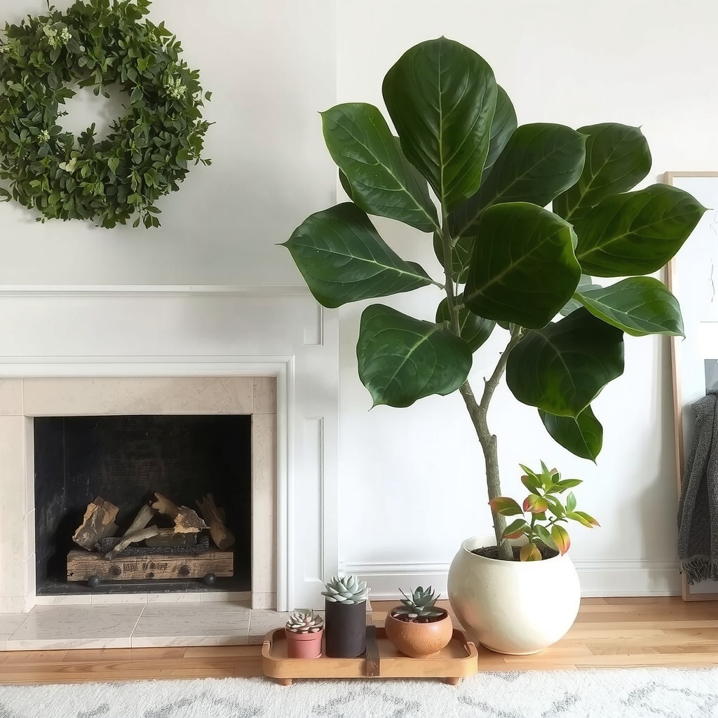 Focal fiddle leaf fig near fireplace with small succulents