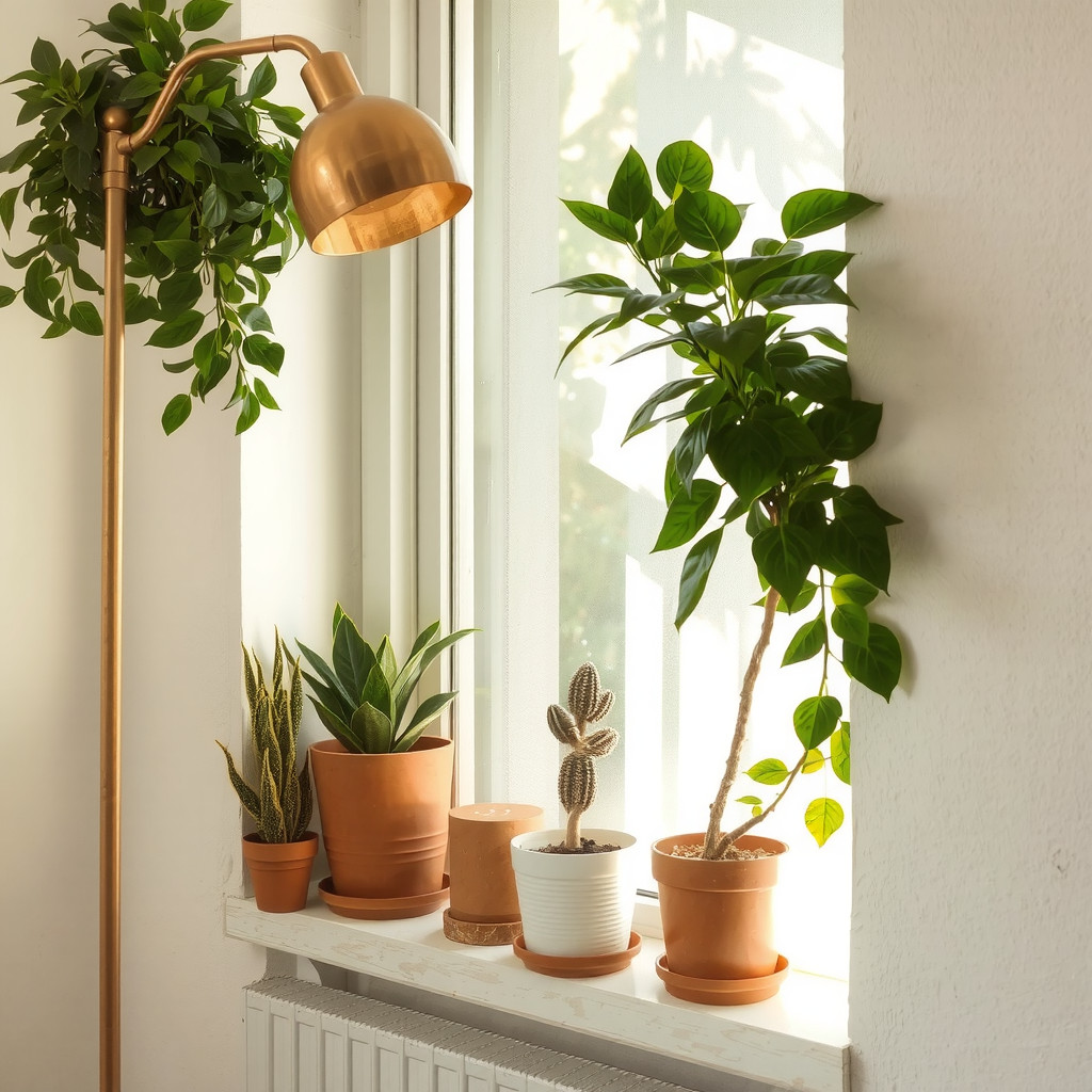 Sunlit window with potted plants and warm floor lamp