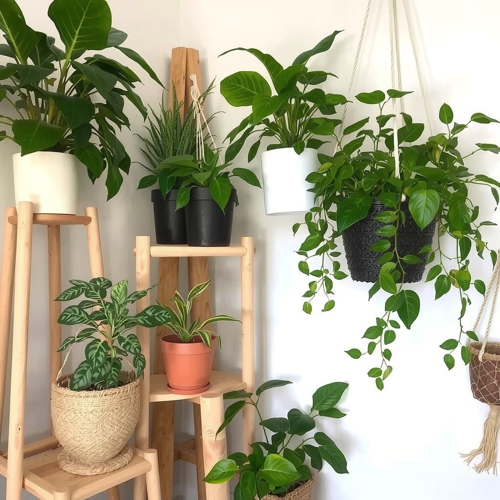 Varied group of plants on stands and hanging planters