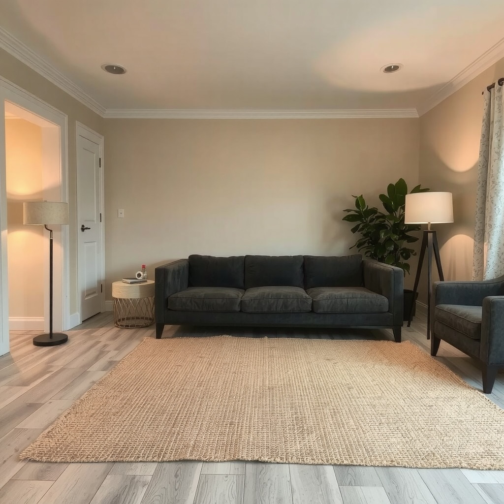 Floor and table lamps defining a seating zone