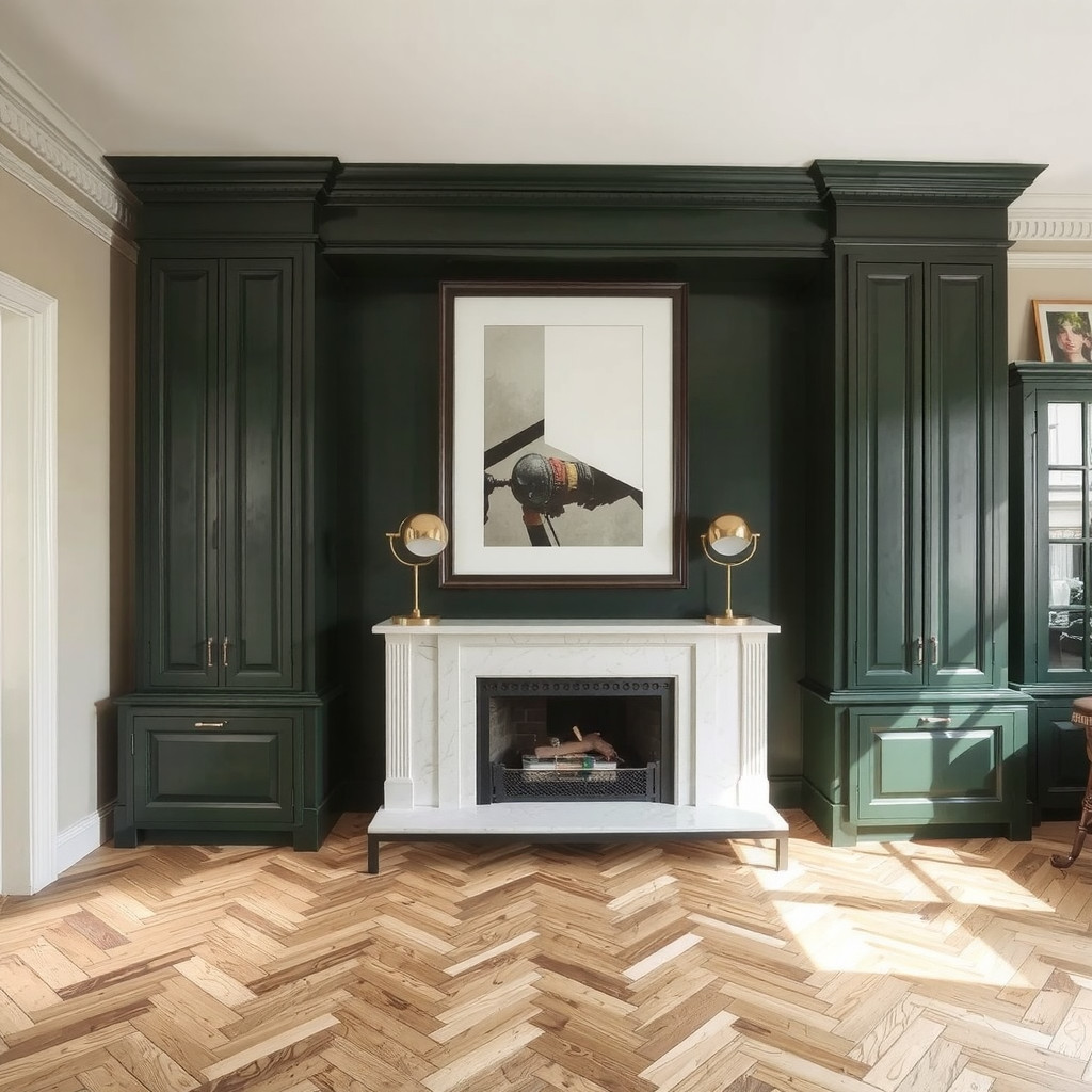 Fireplace wall highlighted with layered lamps