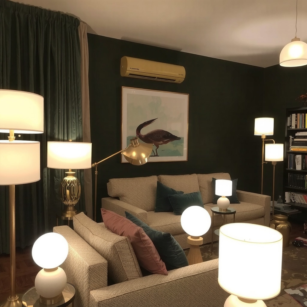 Varied lamps and dim levels in one living room