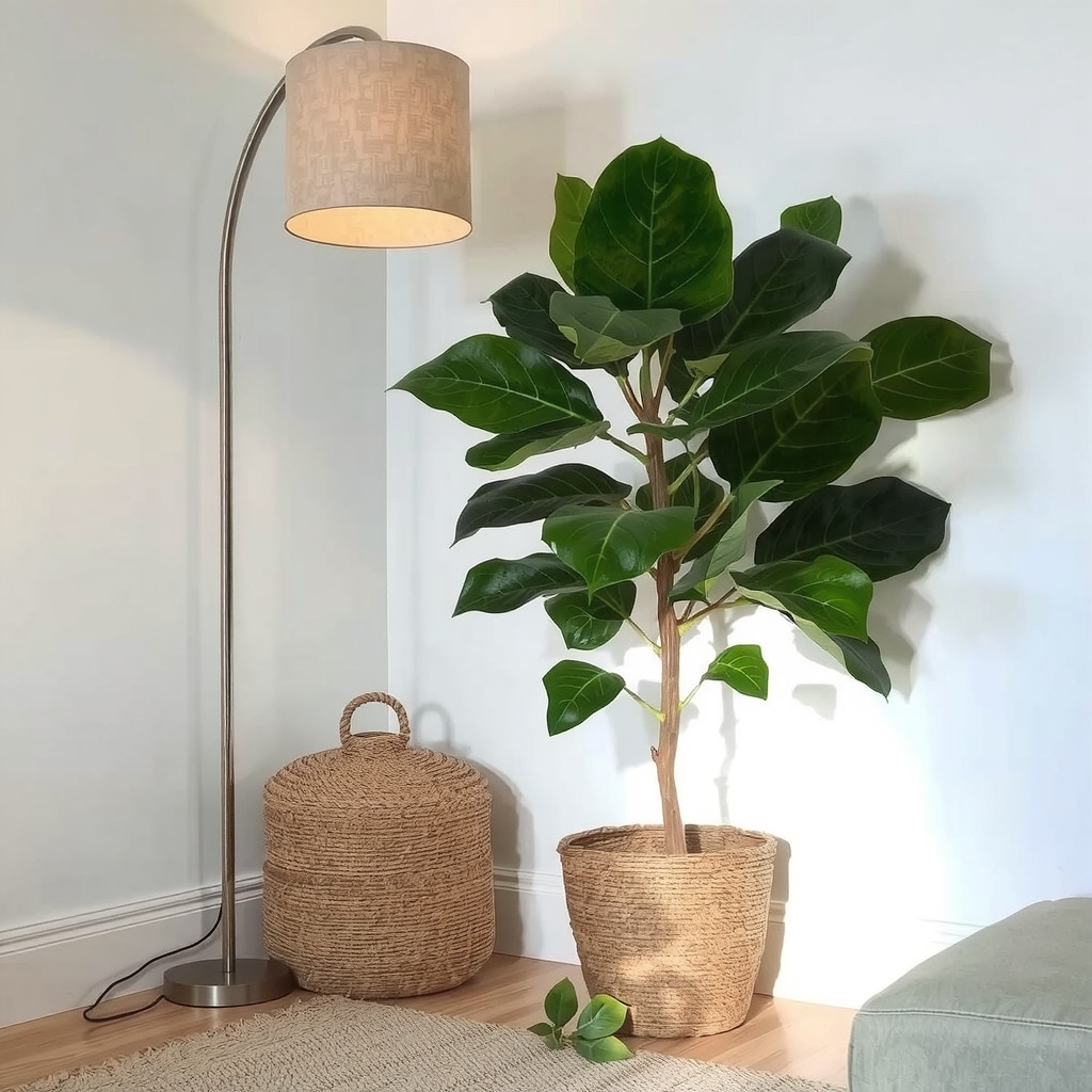 Plants softly lit beside a floor lamp