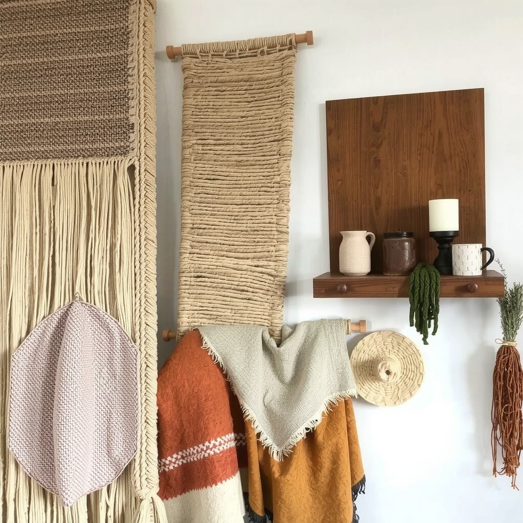 Woven tapestry and rattan panel on a warm wall
