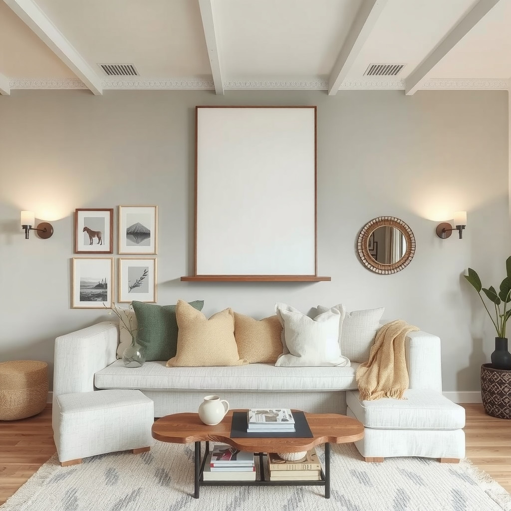 Large canvas above sculptural shelf creating a focal anchor
