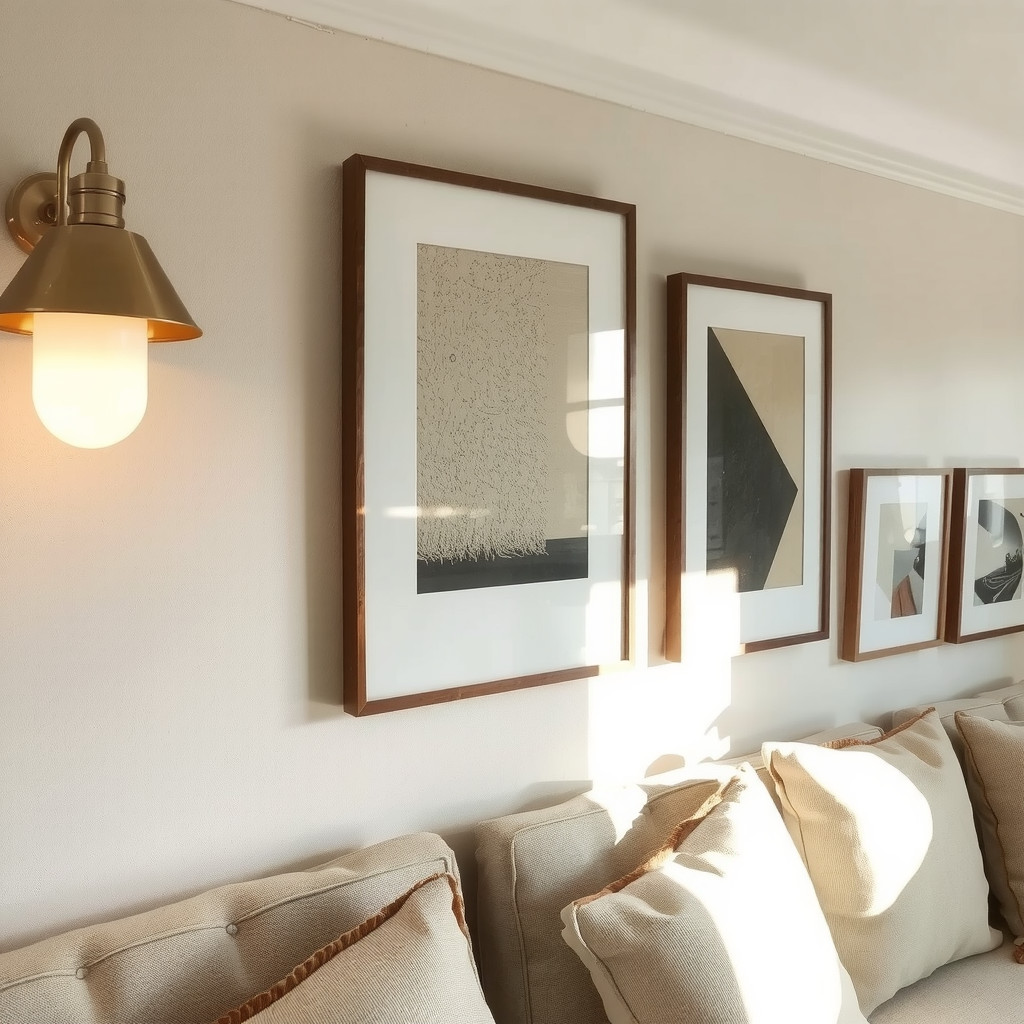 Warm wall sconce illuminating textured art in evening light