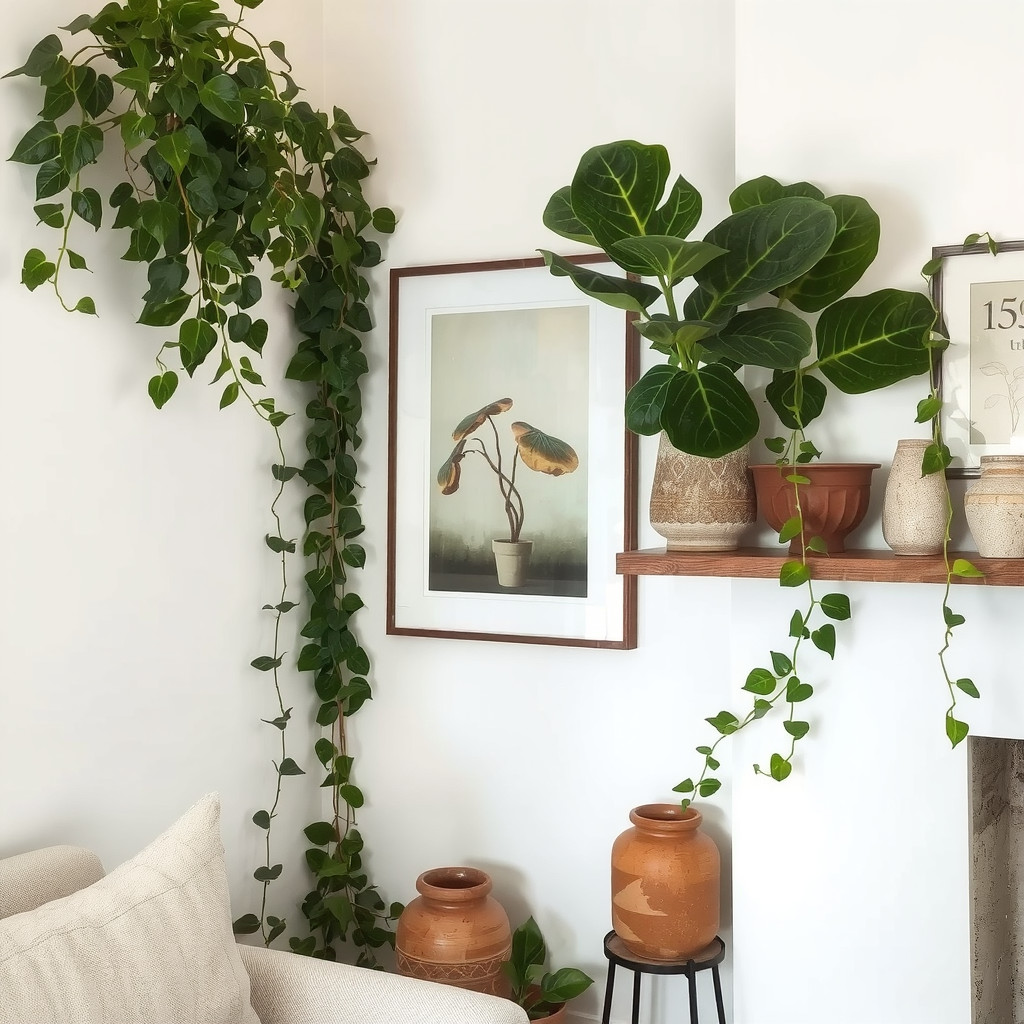 Tall fiddle leaf fig next to framed art and a high trailing vine shelf